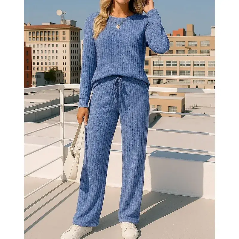 gdschz1755053254177.webp Women's Knitted Suit Lounge Suits Solid Colored Clothing Suit Fall Black Burgundy Outdoor Travel Sports High Waist Long Sleeve Sport Activewear Micro-elastic Regular Fit - Image 1