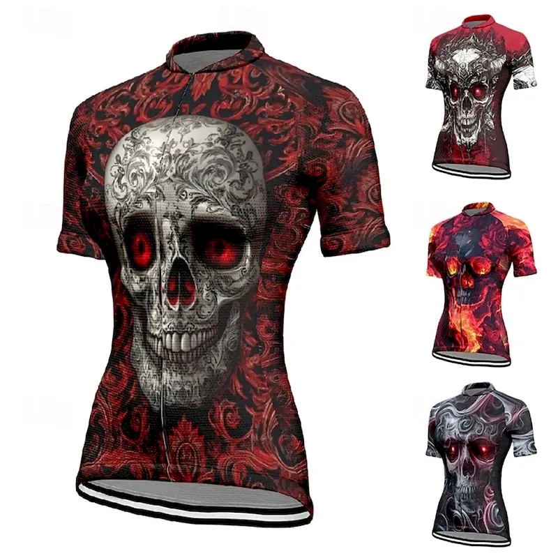 nbiwwo1743139216079.webp Women's Cycling Jersey Skull Short Sleeve Bike Tee Tshirt Jersey with 3 Rear Pockets Mountain Bike MTB Quick Dry Anatomic Design Wicking Breathable Sports Wine Red Black Red Clothing Apparel - Image 1