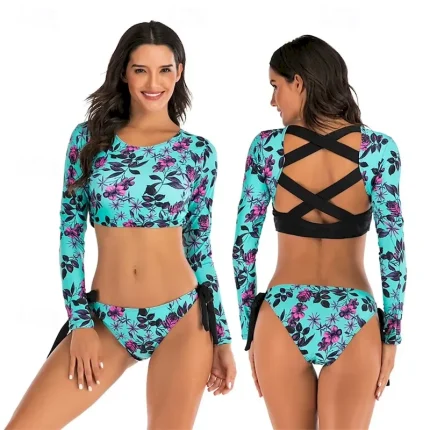 Women's Rash guard Swimsuit Floral UV Sun Protection UPF50+ Quick Dry Spandex Long Sleeve 2 Piece Open Back Surfing Beach Water Sports Summer