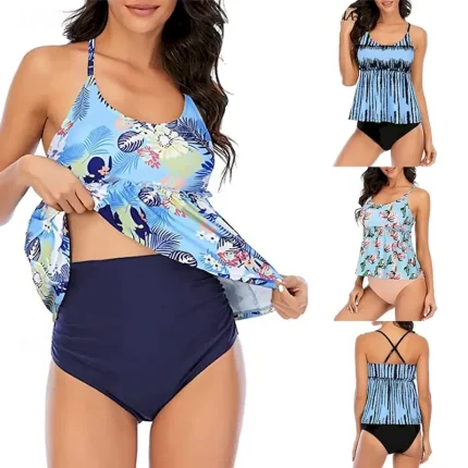 Women's Tankini Two Piece Swimsuit Backless Swimwear Floral Swimwear Light Blue Black Breathable Quick Dry Lightweight Sleeveless - Swimming Surfing Beach Summer Spring