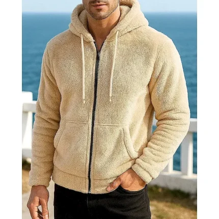 Men's Zip Up Sweatshirt Winter Coat Polar Fleece Jacket with Pockets Long Sleeve Top Athleisure Fall Solid Colored Windproof Warm Outdoor Travel Vacation Sportswear Activewear Black Khaki Dark Blue